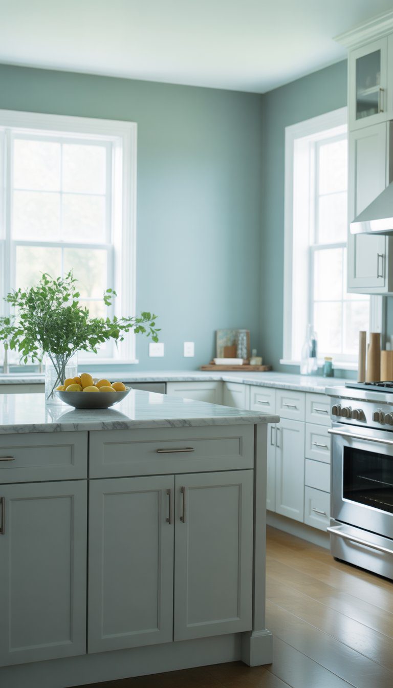 A modern kitchen with soft greenish-blue walls, white cabinets, a marble island, stainless steel appliances, and natural light coming through large windows.