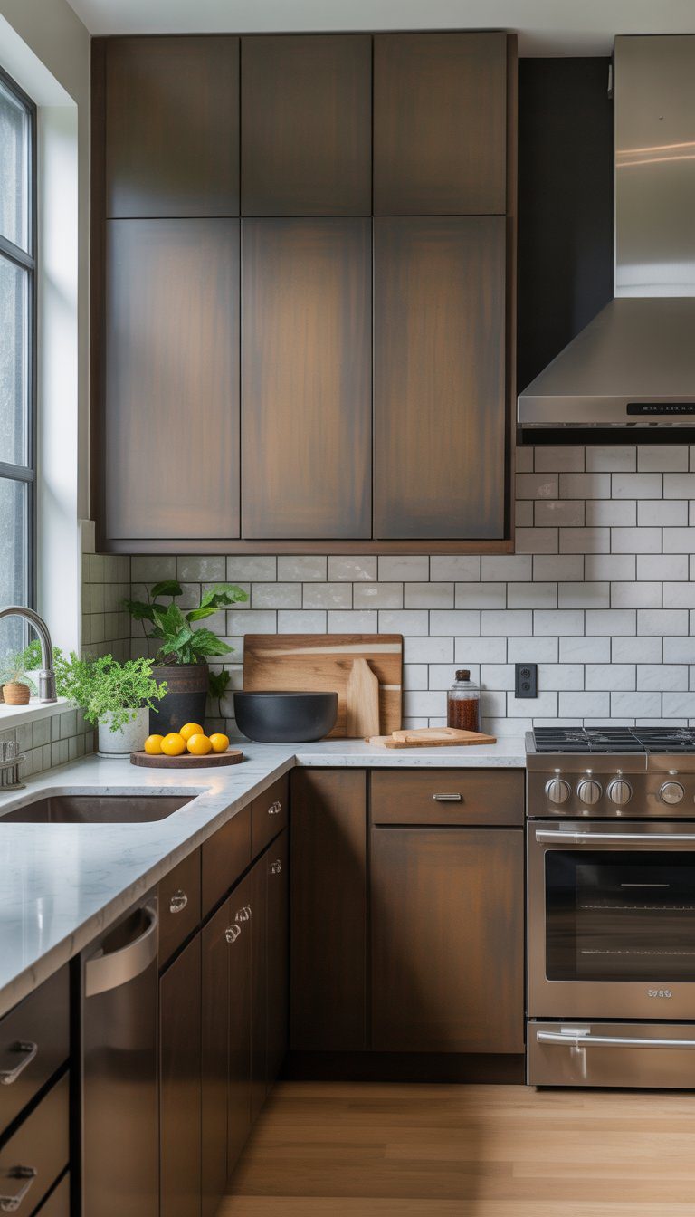 A modern kitchen with dark bronze cabinets, light countertops, stainless steel appliances, wooden island, and plants near large windows.