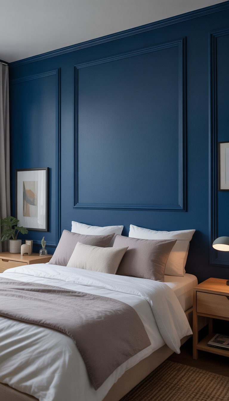 Bedroom with a deep navy blue accent wall, a neatly made bed, wooden nightstands, and soft natural light coming through a window.