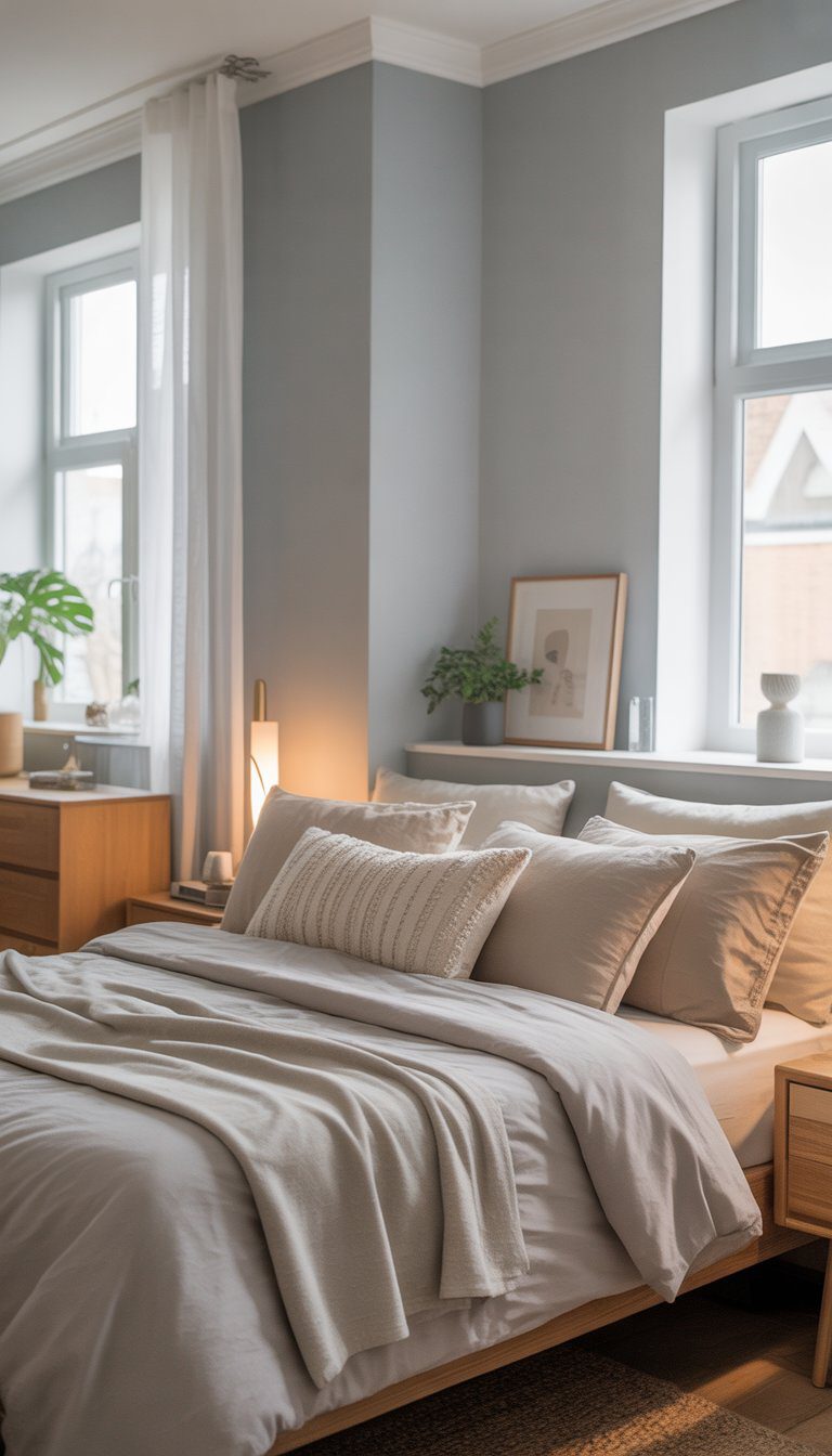 A bedroom with light gray walls, a neatly made bed, wooden furniture, natural light from windows, and a small indoor plant.