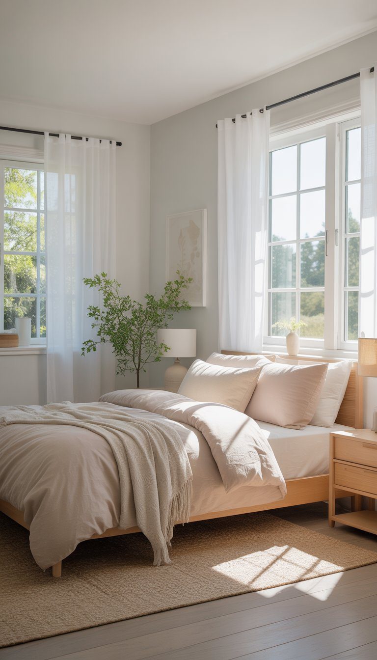 A sunlit bedroom with white walls, a bed with neutral bedding, wooden furniture, and large windows letting in natural light.