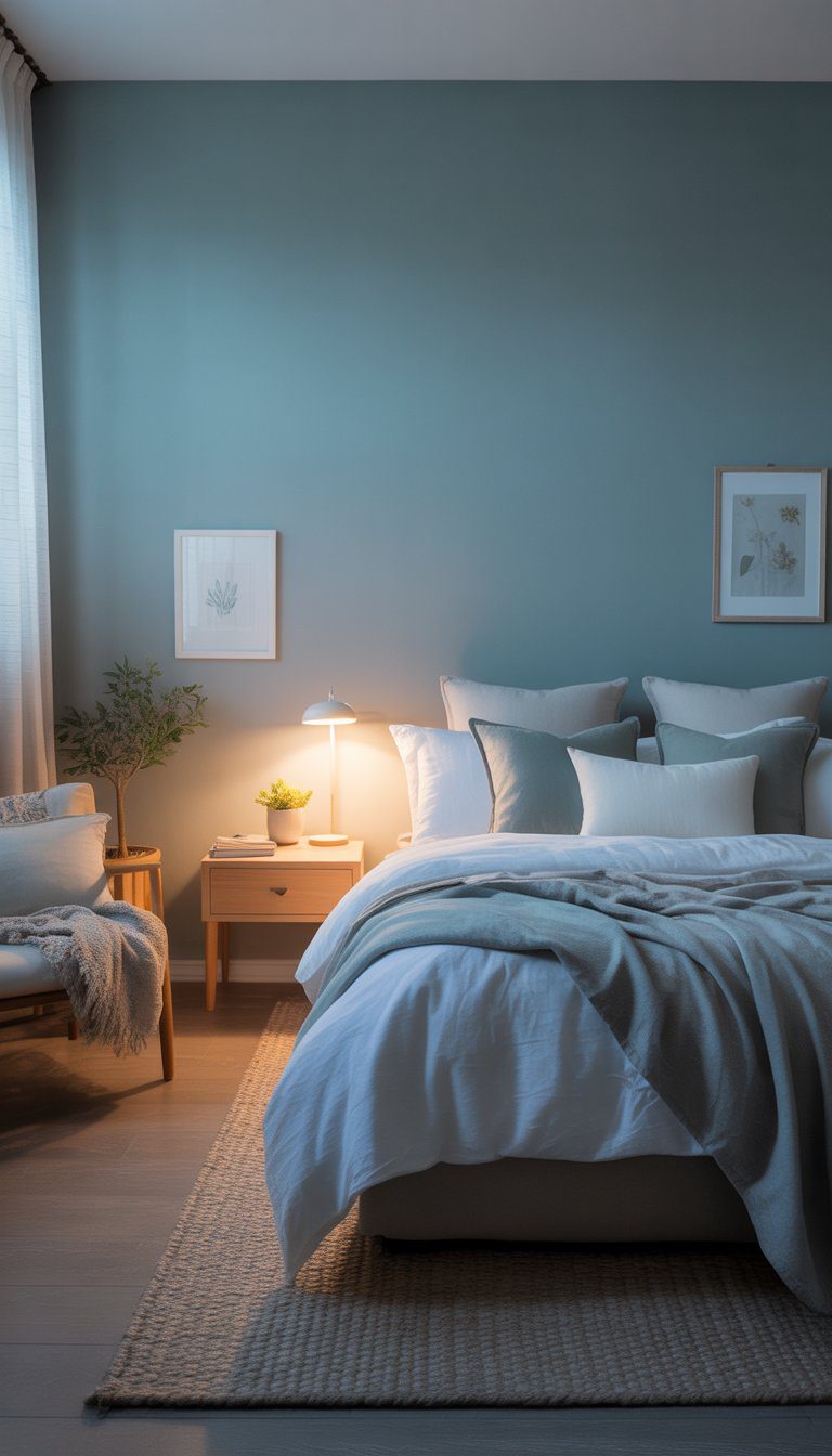 A peaceful bedroom painted in muted blue-green with a bed, nightstand, armchair, and soft natural light.