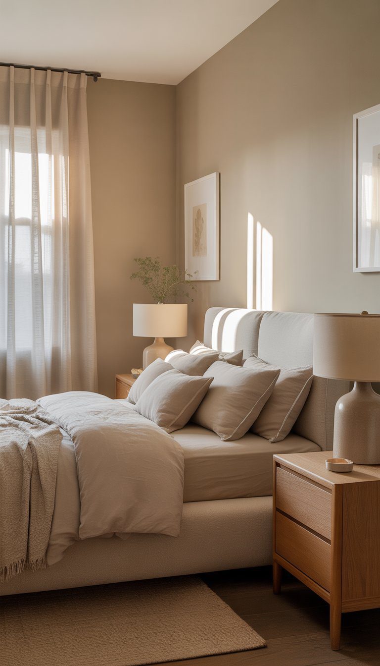 A bedroom with soft beige walls, a bed with neutral linens, a bedside table with a lamp, and natural light coming through a window.