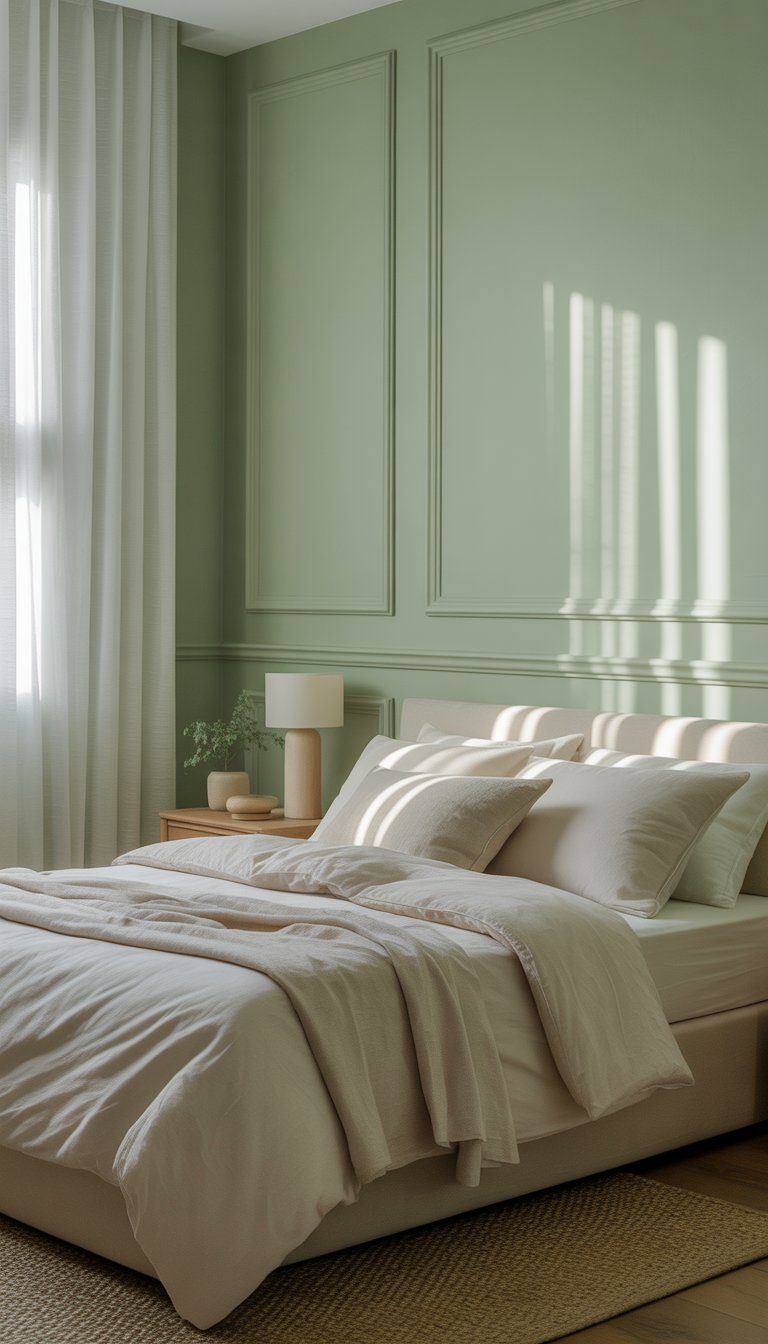 A bedroom with pale green walls, a neatly made bed, wooden furniture, and natural light coming through sheer curtains.
