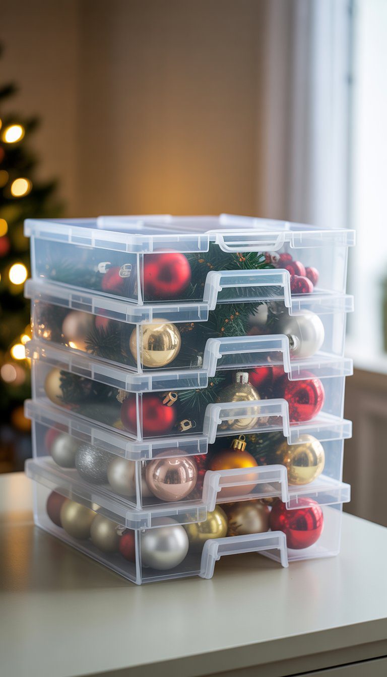 Clear plastic storage bin with adjustable compartments holding Christmas tree ornaments.