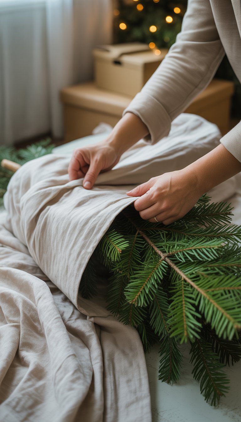 Hands wrapping Christmas tree branches in a white bedsheet to protect them during storage.
