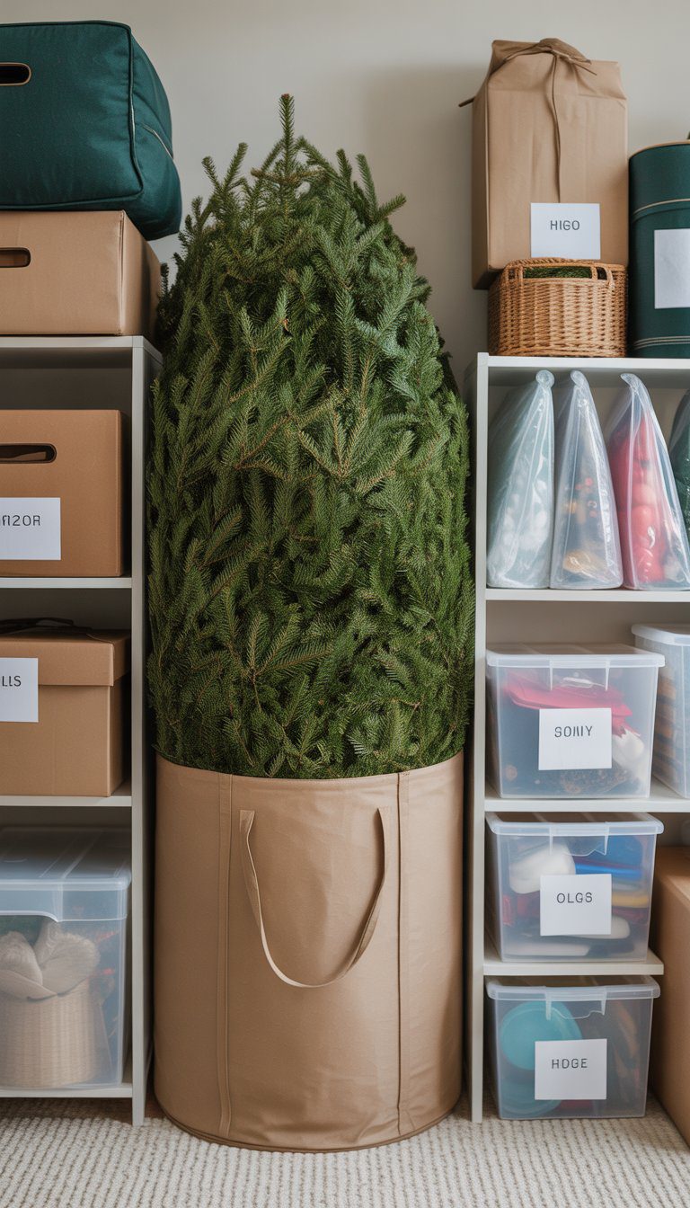 A Christmas tree storage bag with handles placed among other organized holiday storage containers in a clean storage area.
