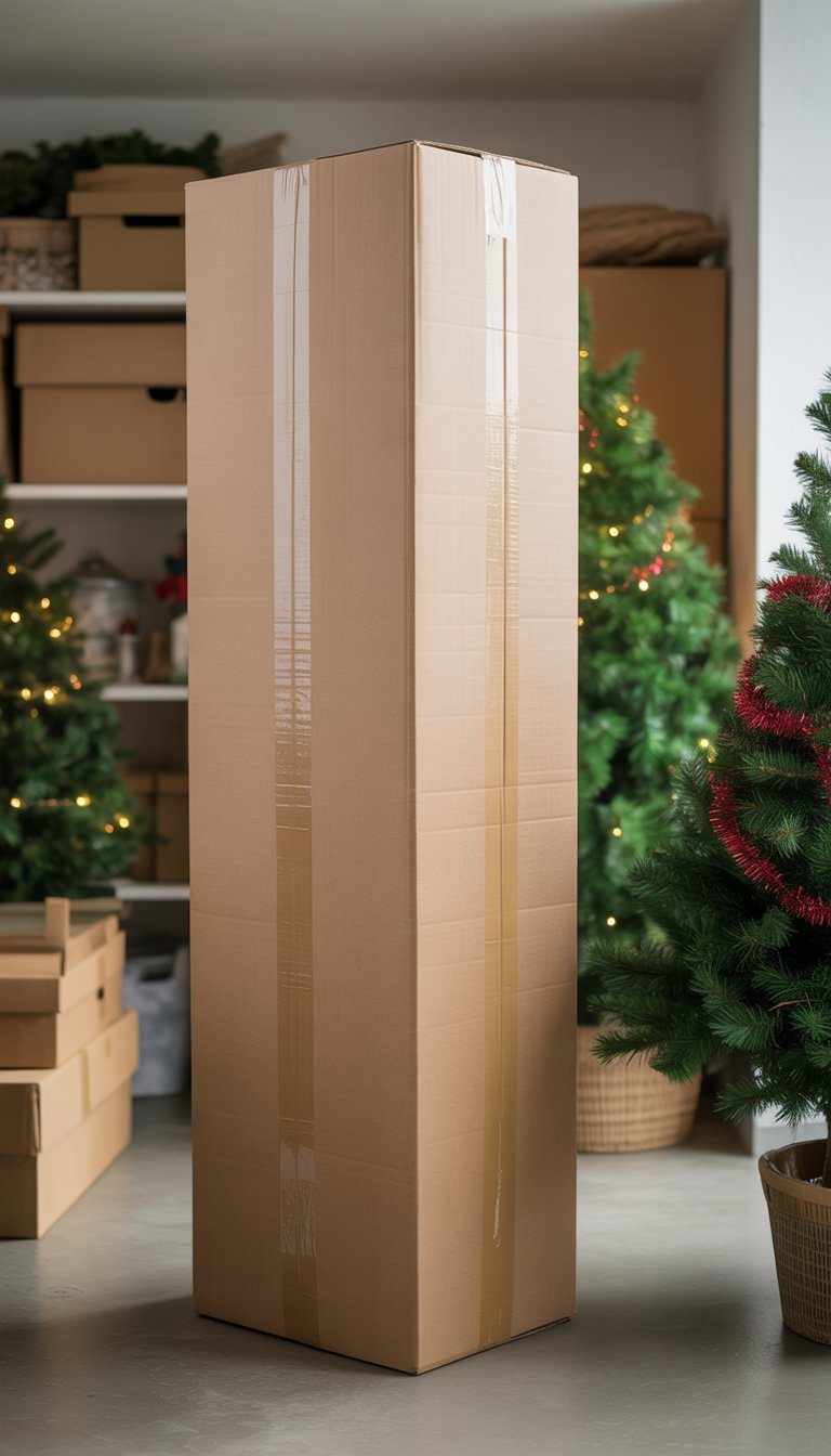 A tall cardboard box reinforced with tape for storing a Christmas tree, placed in a tidy storage area with other holiday items.