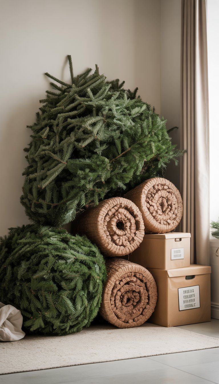 Disassembled Christmas tree parts laid flat and stacked neatly on the floor with storage containers nearby in a bright room.