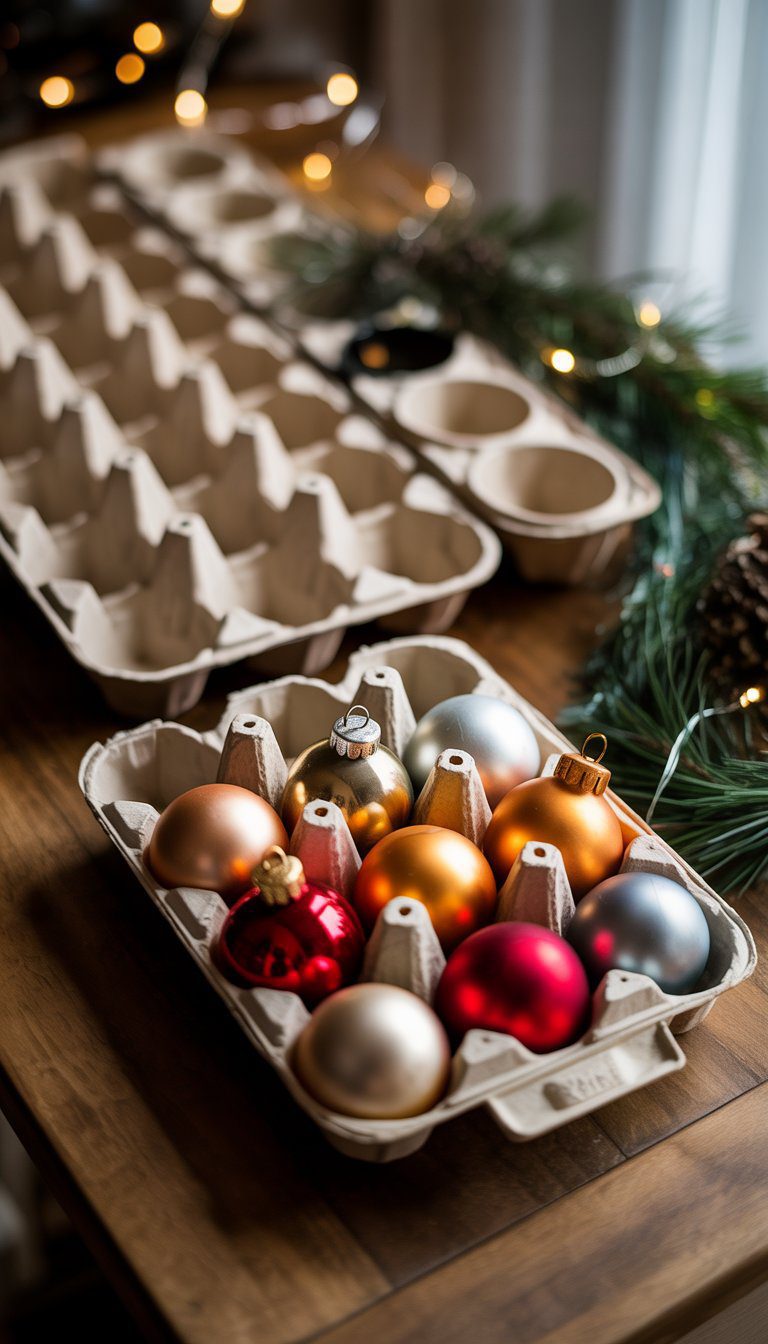 Fragile Christmas ornaments stored safely inside egg cartons and muffin tins on a wooden table with holiday decorations in the background.
