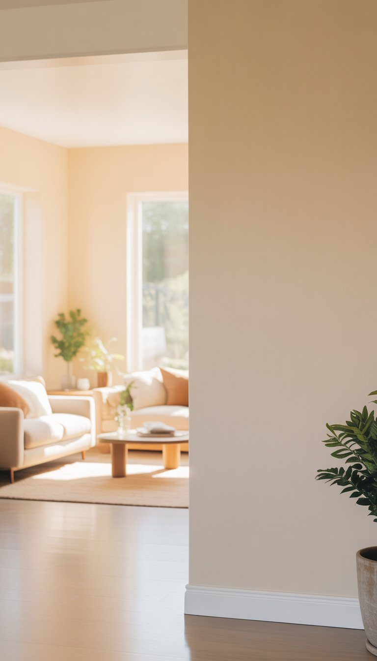 A bright, modern room with warm creamy off-white walls, natural light, neutral furniture, and green plants.