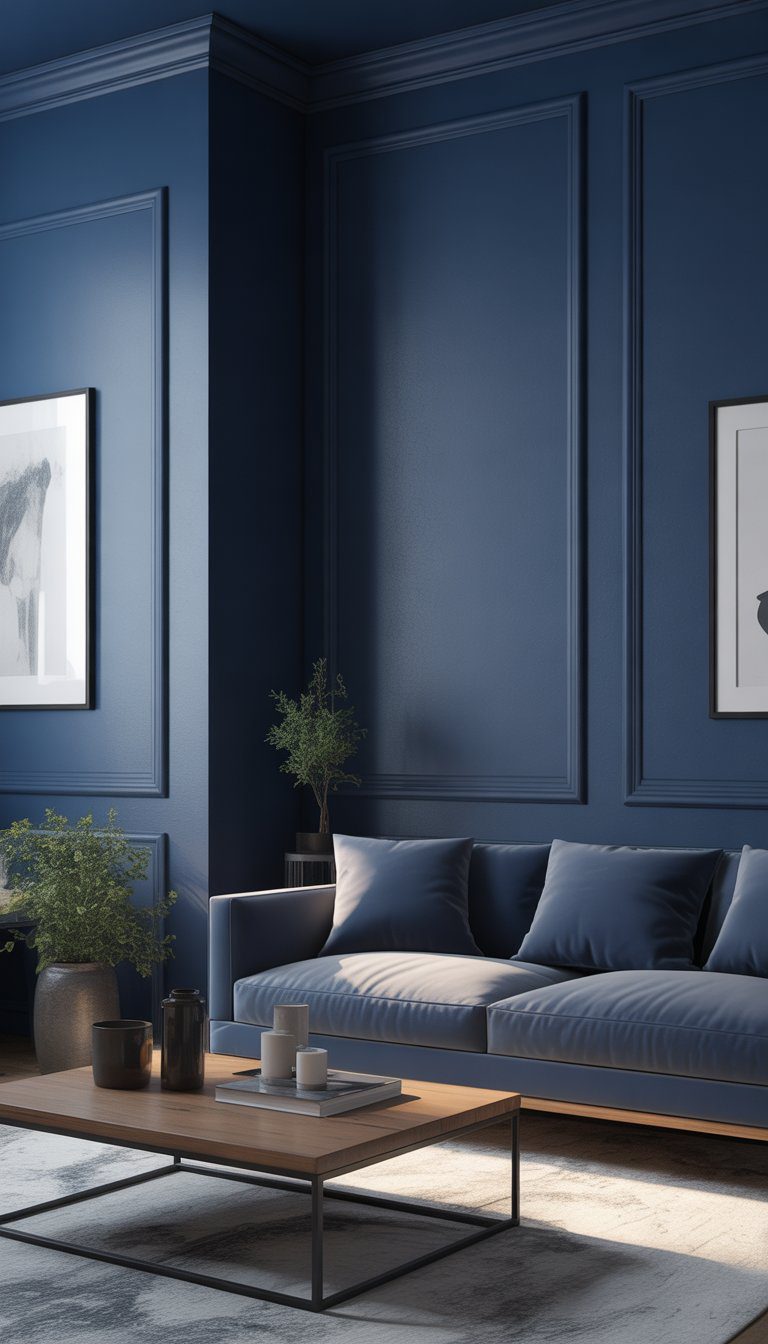 A modern living room with a deep navy blue accent wall, a gray sofa, wooden coffee table, and natural light coming through large windows.