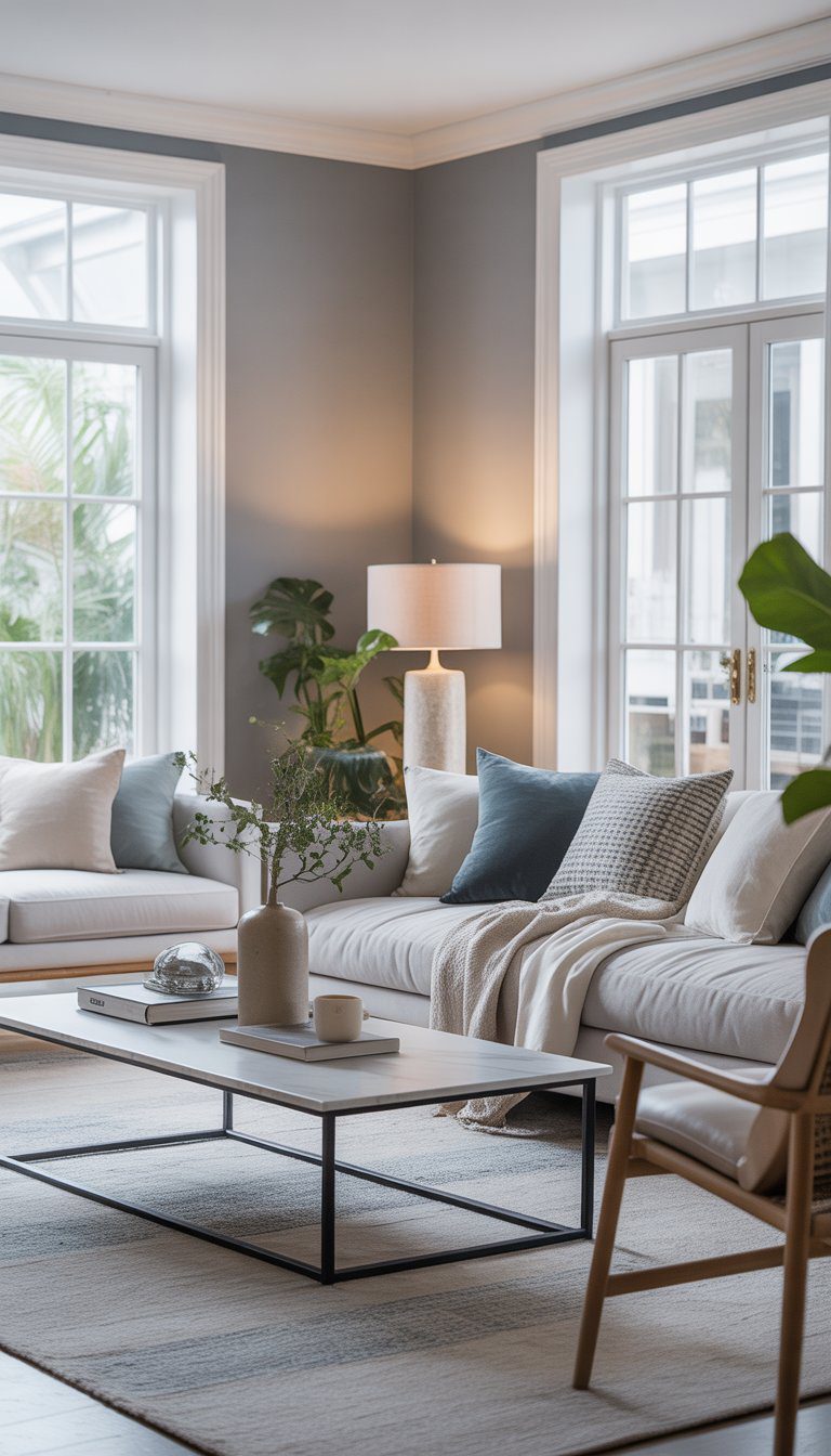 A bright living room painted in soft gray with modern furniture, natural light, and indoor plants.