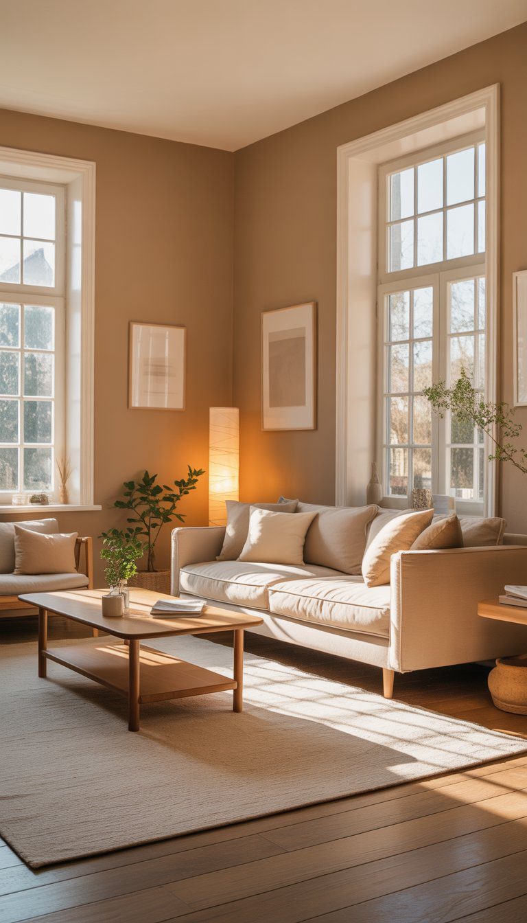 A cozy living room with beige walls, a beige sofa, wooden coffee table, green plant, and natural sunlight coming through large windows.