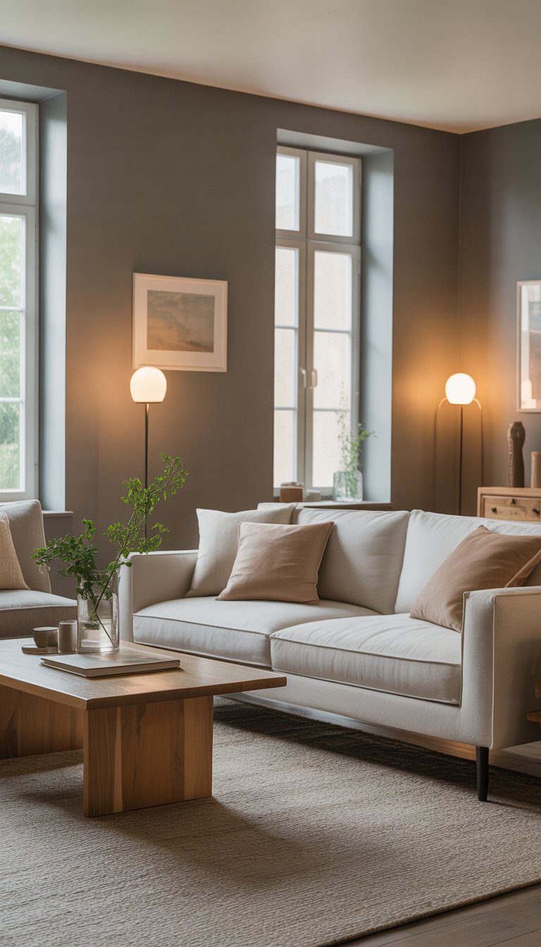A cozy living room with warm gray walls, a beige sofa, wooden coffee table, plants, and natural light coming through large windows.