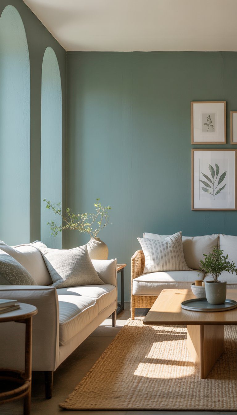A peaceful room with walls painted in a soft greenish-blue color, featuring a beige sofa, wooden coffee table, and natural light from large windows.
