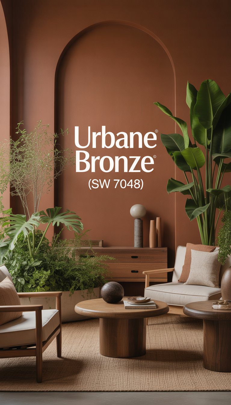 A cozy interior room with bronze-colored walls, wooden furniture, and green plants.