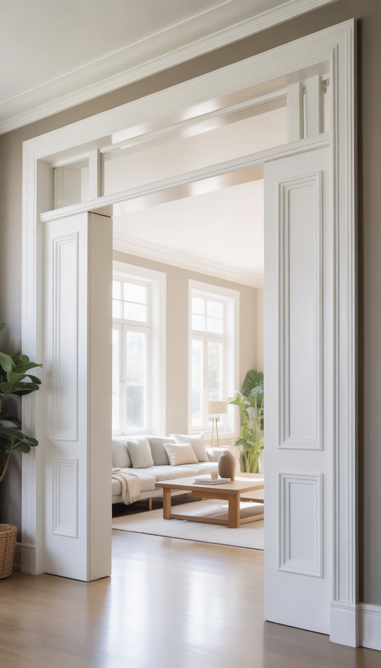 A bright room with white trims and ceiling, featuring modern furniture and natural light.