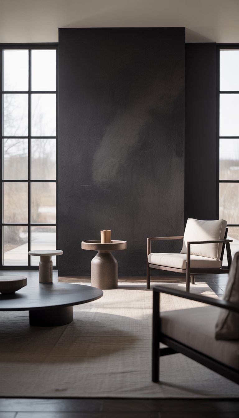 A modern room with a dark charcoal black accent wall, minimalist furniture, and natural light coming through large windows.