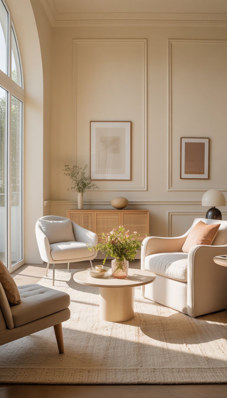 A cozy, sunlit living room with creamy off-white walls, a plush armchair, a coffee table with flowers, and natural light coming through large windows.