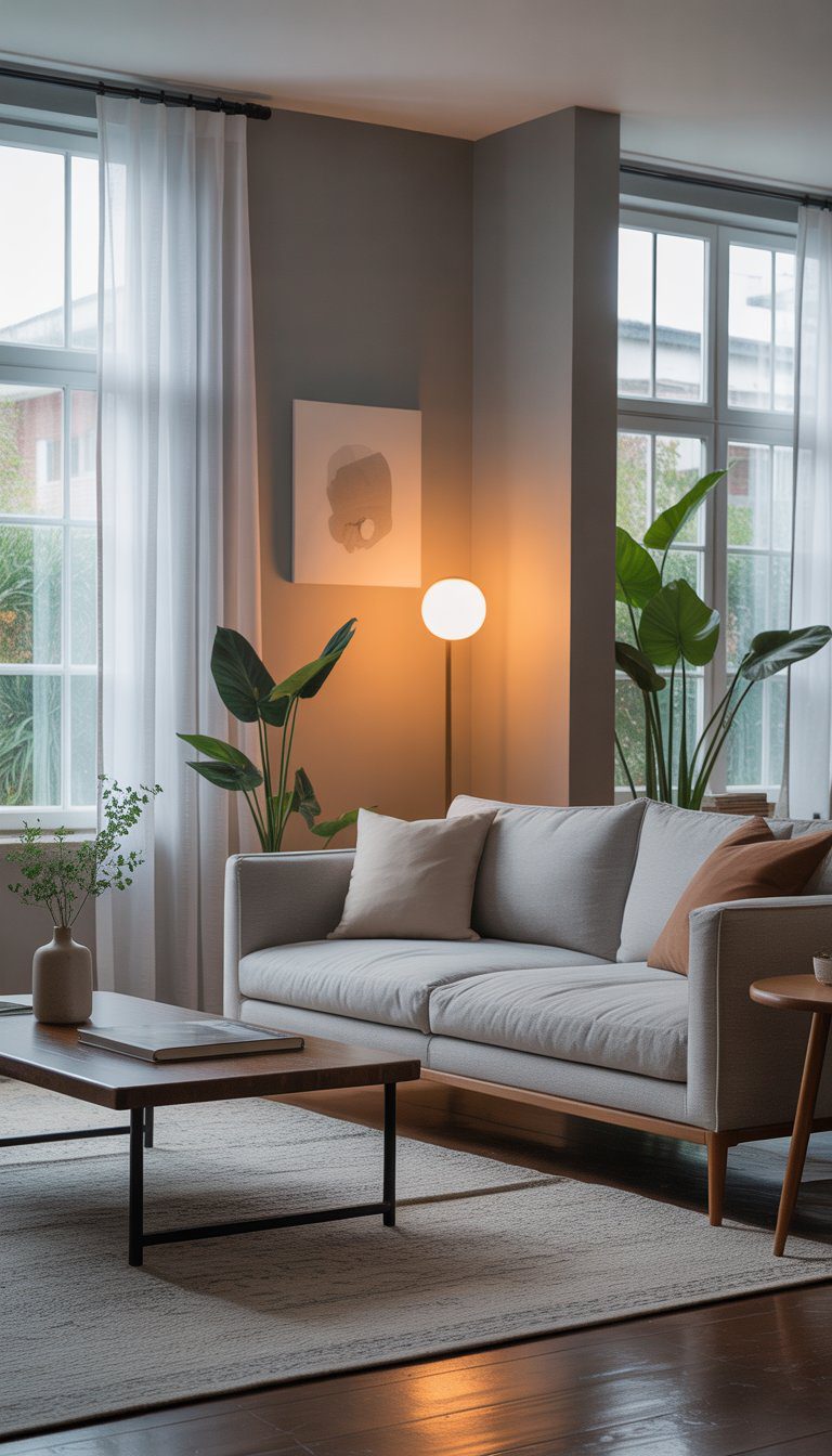 A cozy living room with a gray sofa, wooden coffee table, plants, and large windows letting in natural light.