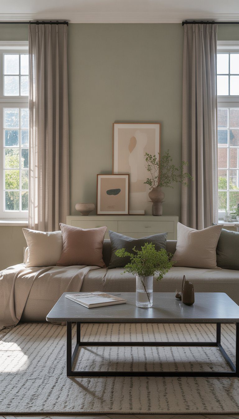 A cozy living room with gray-green walls, a modern sofa, natural light, and simple decor.