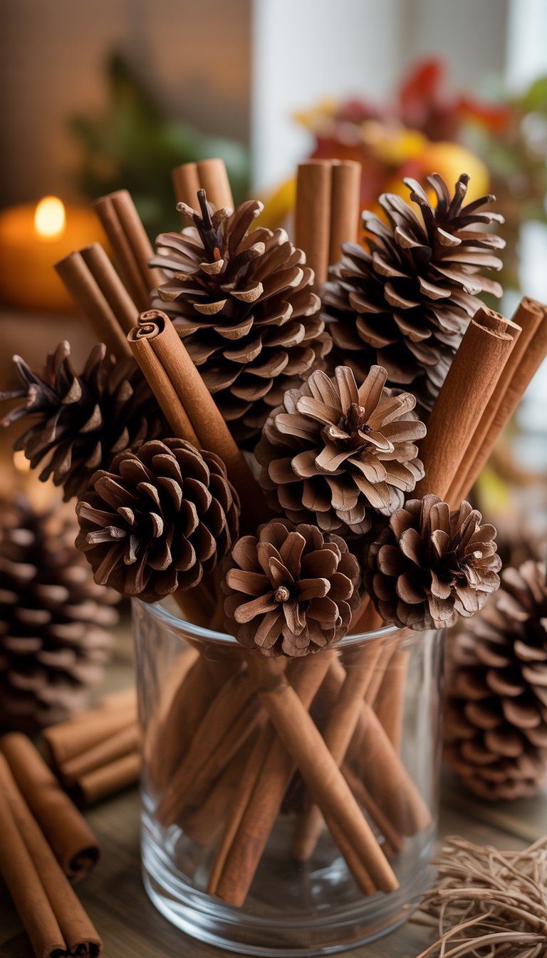 Close-up of pinecones and cinnamon sticks arranged together as decorative fillers.