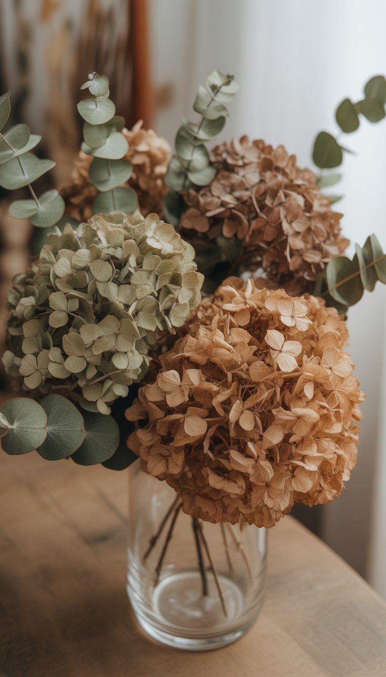 A clear glass vase filled with dried hydrangea blooms and eucalyptus sprigs on a wooden surface.