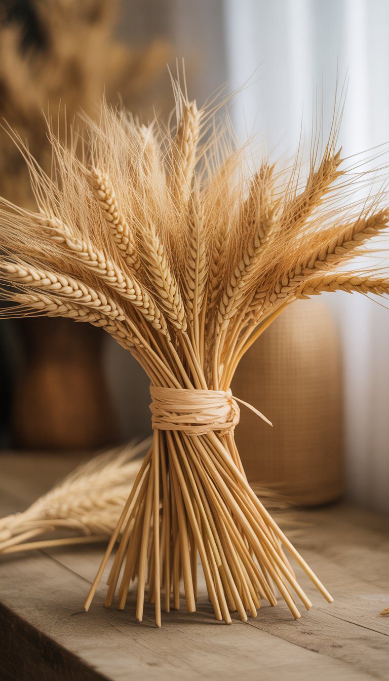 A bundle of wheat stems tied with raffia placed on a wooden surface with a warm, blurred autumn background.