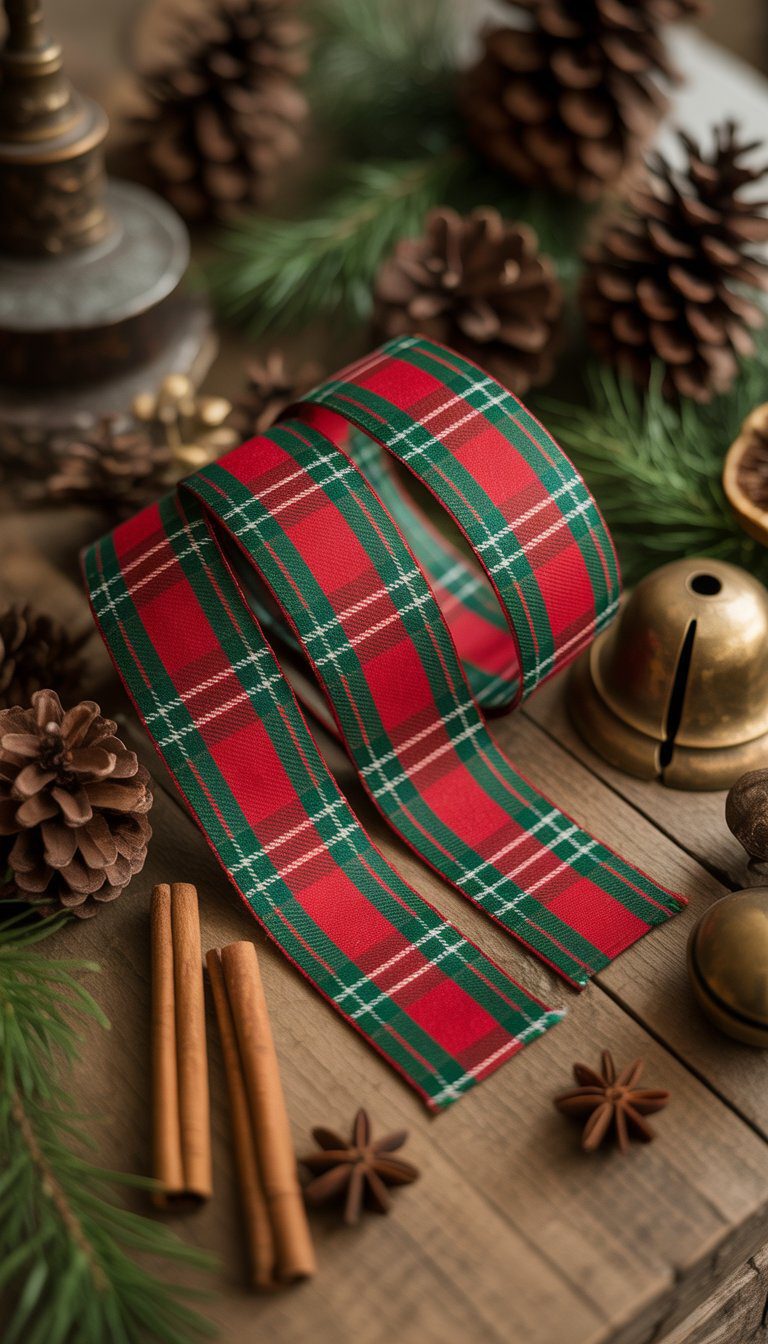 Close-up of red and green plaid ribbons with vintage Christmas decorations on a wooden surface.