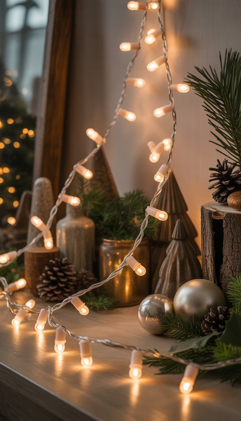 A cozy indoor scene with warm glowing string lights and vintage Christmas decorations including ornaments, pine cones, and greenery.