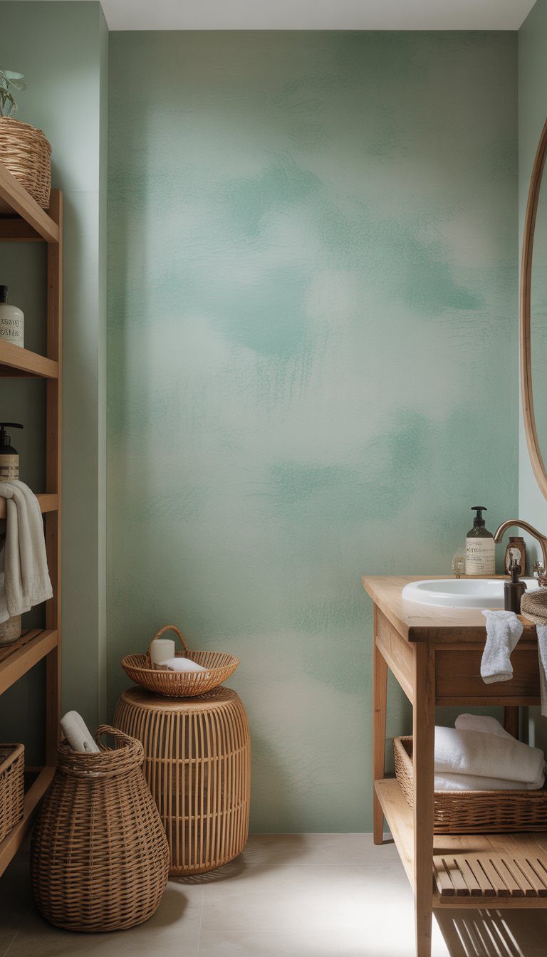 A bathroom with soft green walls, natural wood furniture, and rattan accessories creating a calm and inviting space.