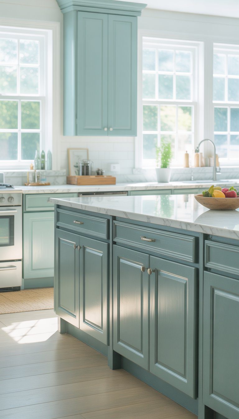 A kitchen with soft green-blue painted cabinets, white countertops, stainless steel appliances, and natural light coming through windows.