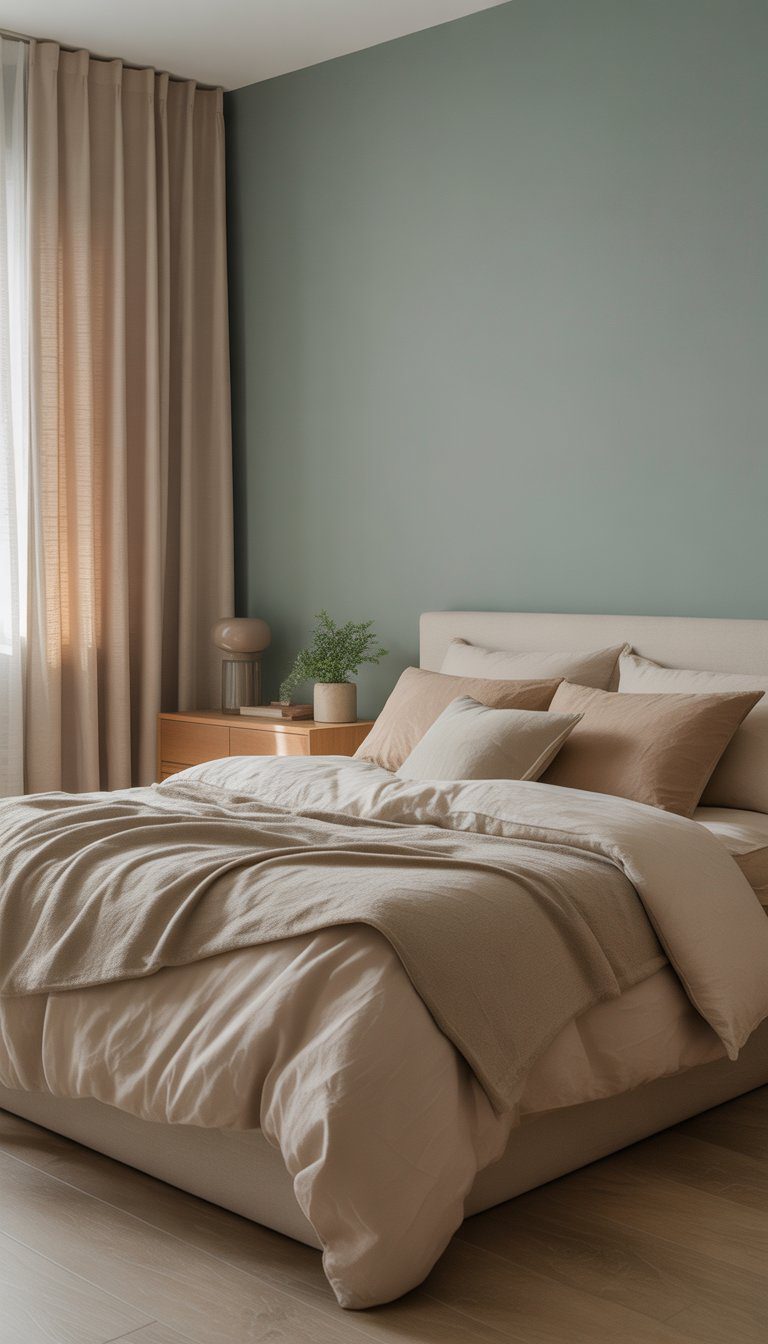 A calm bedroom with greenish-blue walls, beige and grey bedding, natural light, and simple wooden furniture.