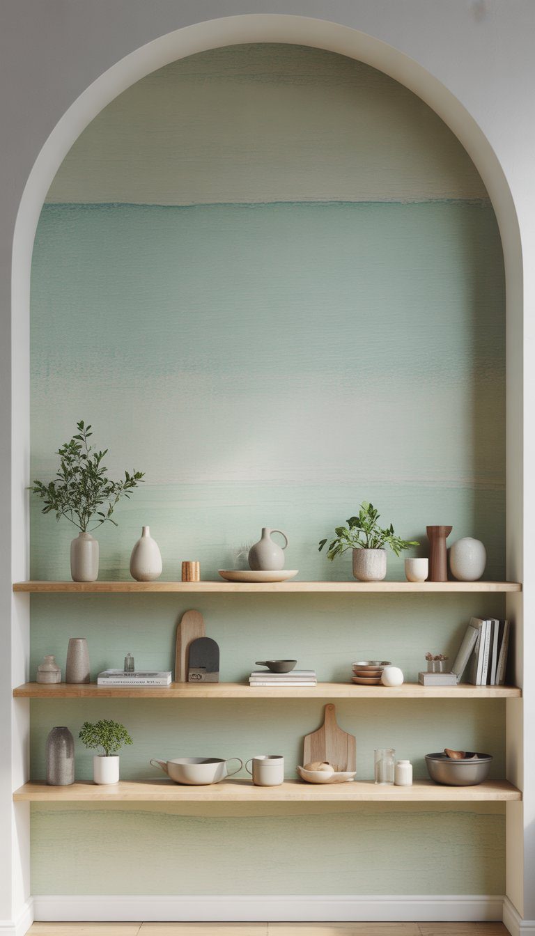 A room with a soft greenish-blue feature wall behind open wooden shelves holding decorative items and plants.