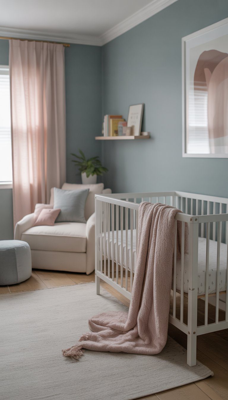 A nursery room with sea salt green walls, a white crib, soft gray and blush pink accents, natural light, and simple decor.
