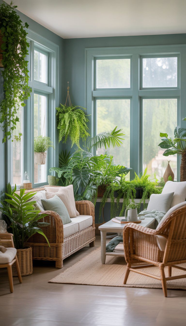 A sunroom painted in soft greenish-blue with large windows, wicker furniture, and abundant green plants.