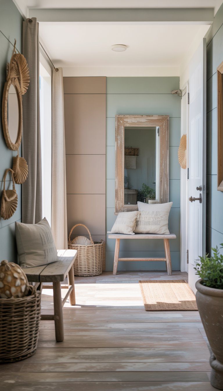 An entryway with soft greenish-blue walls, sandy taupe accents, weathered wood furniture, and natural light illuminating a calm, welcoming space.