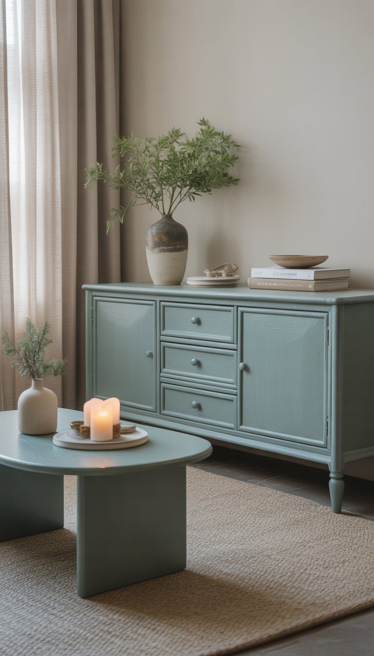 Living room with a sideboard and coffee table painted in a soft greenish-blue color, decorated with plants and simple decor under natural light.