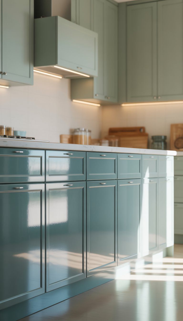A bright kitchen with lower cabinets painted in a soft greenish-gray color with a glossy finish reflecting light.