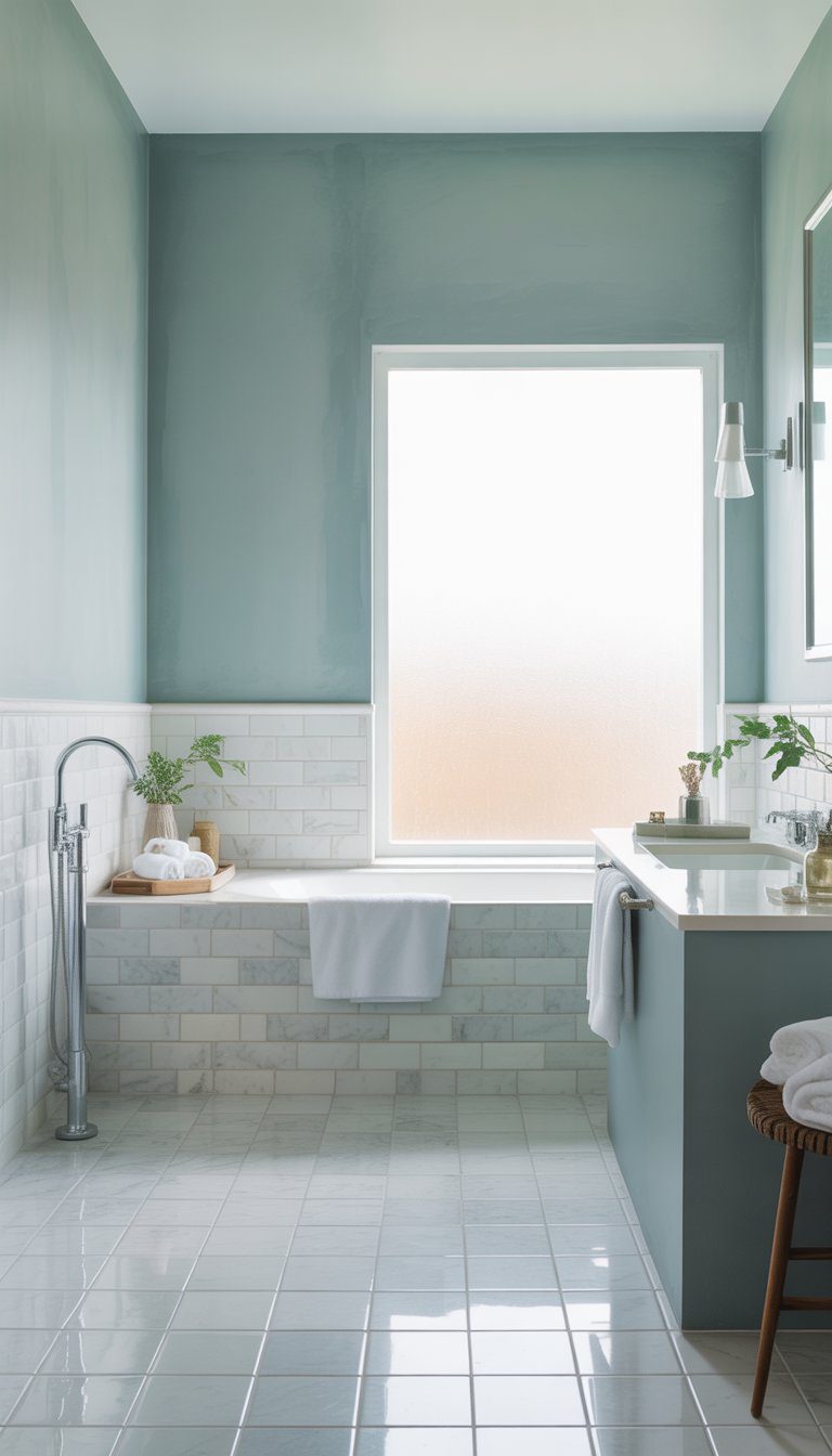 A bathroom with soft greenish-blue walls and white marble-style tiled floor, featuring a freestanding bathtub, vanity, and natural light.