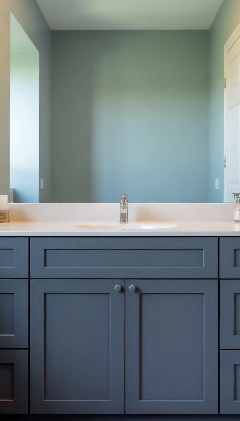A bathroom with dark grey cabinets and light greenish-blue walls, featuring a white countertop and sink.