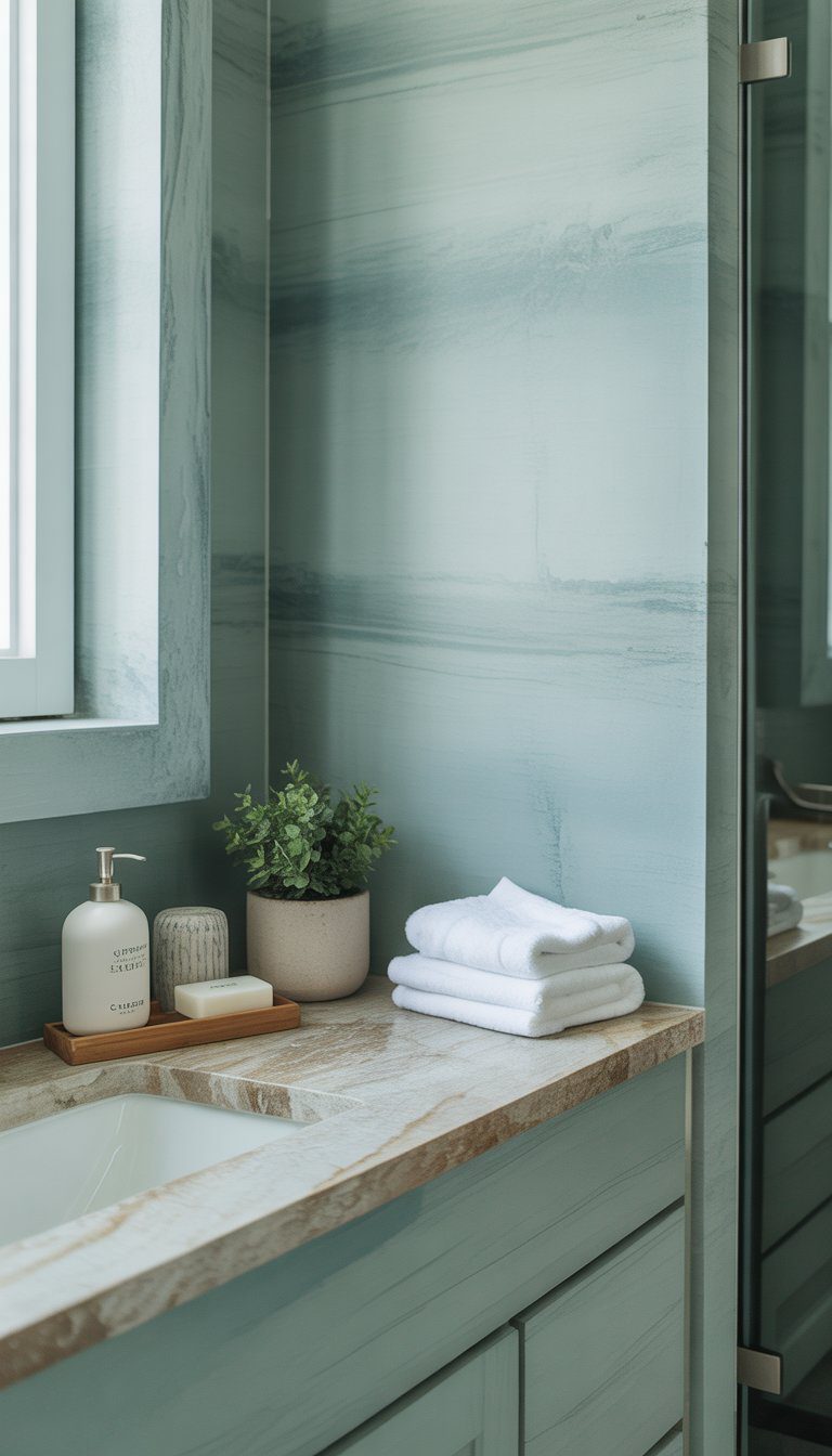 A bathroom with soft greenish-blue walls and natural stone countertops, featuring a small plant, soap dispenser, and folded towels on the counter.