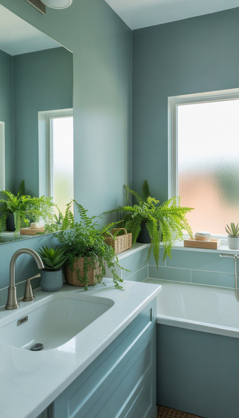 A bright bathroom with greenish-blue walls, white fixtures, and several green plants placed around the room.