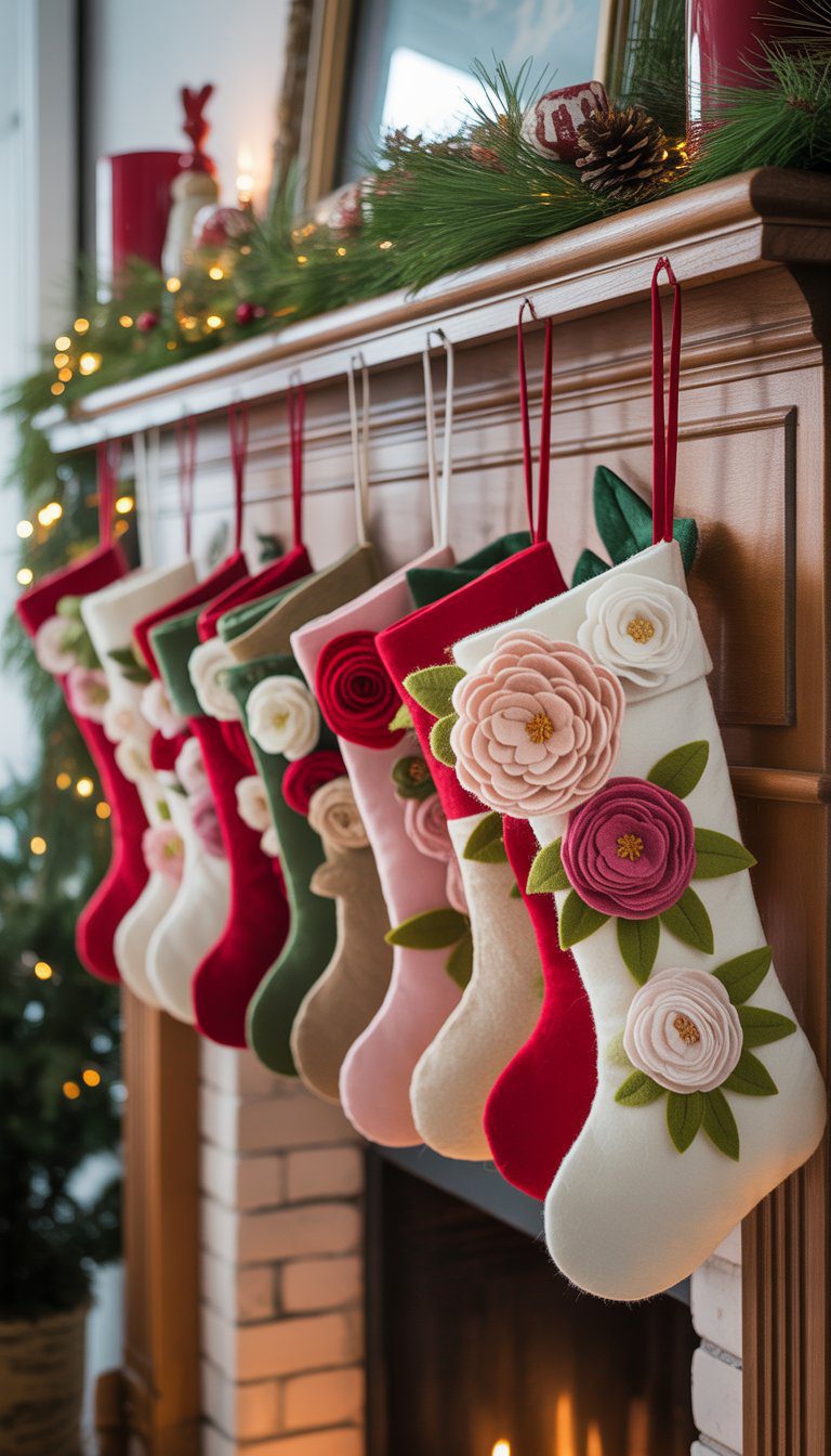 A mantel with 15 Christmas stockings decorated with felt peony and rose flowers, surrounded by pine branches and holiday decorations.