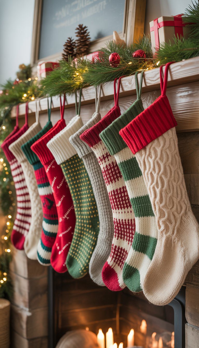Fifteen Christmas stockings made from upcycled sweaters hanging on a wooden mantel with festive decorations and a glowing fireplace in the background.
