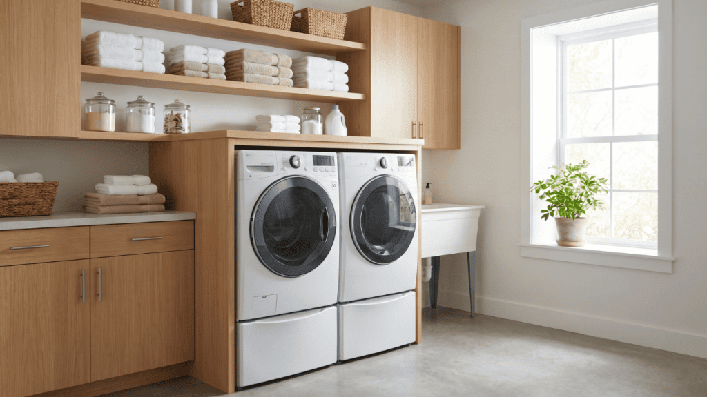 A clean and organized garage laundry room with a washer and dryer, storage cabinets, open shelves with folded towels, and natural light coming through a window.