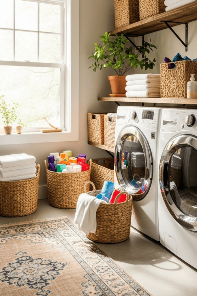 A laundry room with woven seagrass baskets arranged on shelves and the floor, illuminated by natural light.