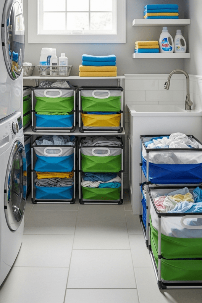 A small laundry room with collapsible fabric hampers in various colors, some expanded with clothes and others folded away, surrounded by laundry appliances and storage.