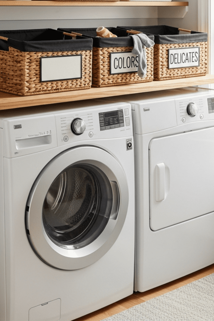 A laundry room with multi-compartment baskets for sorting clothes into whites, colors, and delicates placed on a wooden shelf next to a washing machine and dryer.